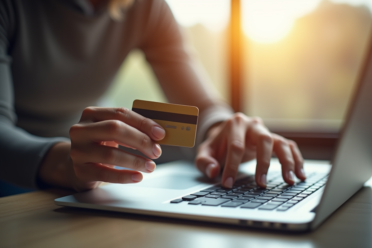 Main tenant une nouvelle carte bancaire au-dessus d'un clavier d'ordinateur