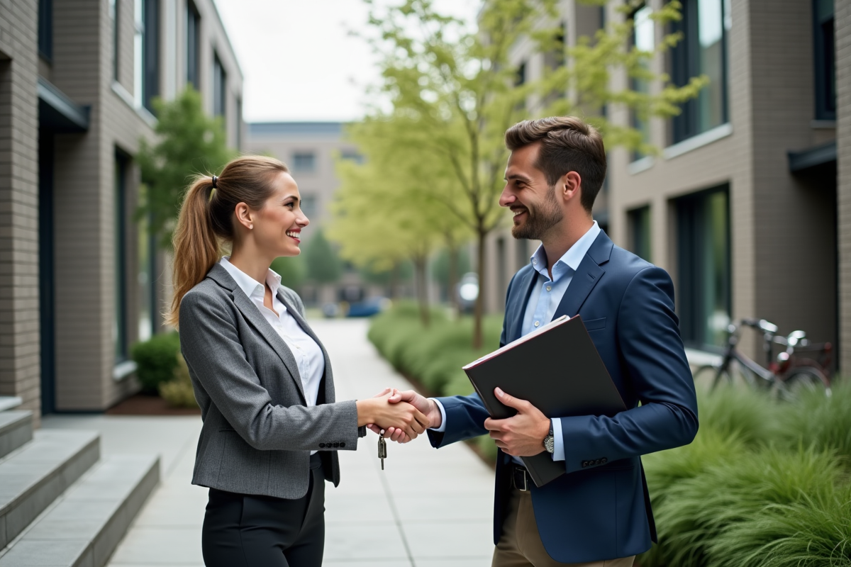 Agent immobilier remettant les clés à un acheteur devant un immeuble