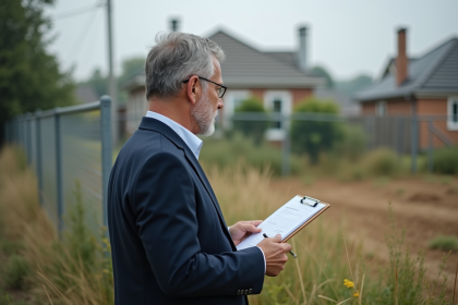 Agent immobilier inspectant un terrain vacant en banlieue