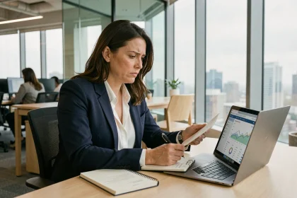 Femme analyste consultant les avis clients d'OLINDA Banque sur un ordinateur portable dans un bureau moderne