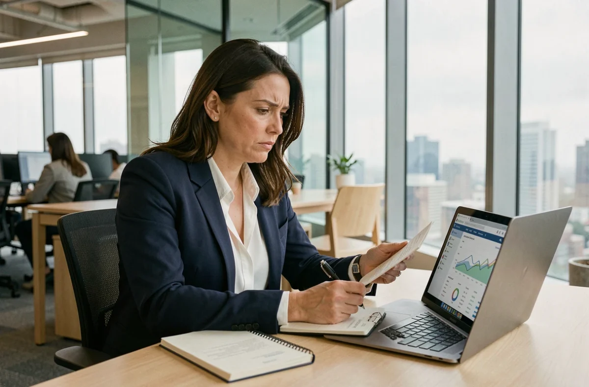 Femme analyste consultant les avis clients d'OLINDA Banque sur un ordinateur portable dans un bureau moderne