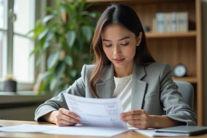 Jeune femme analysant une fiche de paie pour comprendre la diff&eacute;rence entre salaire brut et salaire net en 2026