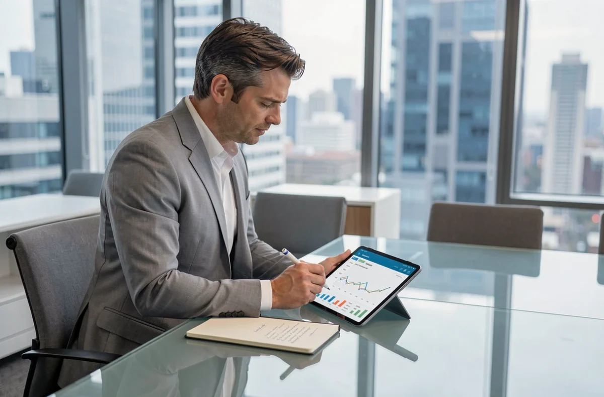 Homme d'affaires analysant un tableau de bord financier sur tablette dans un bureau avec vue sur la ville
