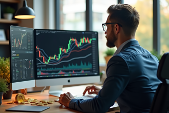 Professionnel confiant analysant graphiques crypto sur ordinateur