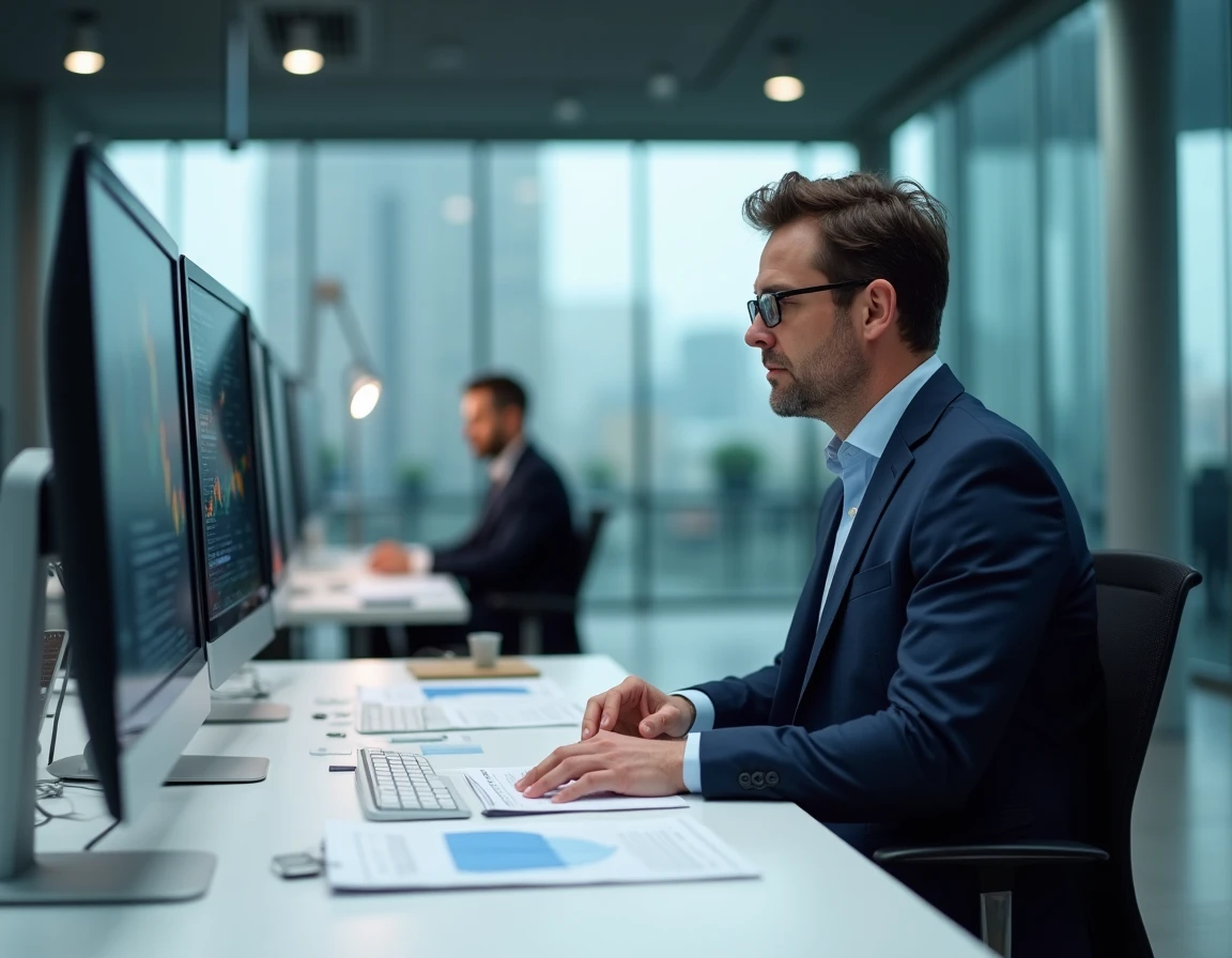 Analyste financier en costume marine examinant des documents et graphiques financiers dans un bureau corporate moderne avec écrans d'ordinateur en arrière-plan