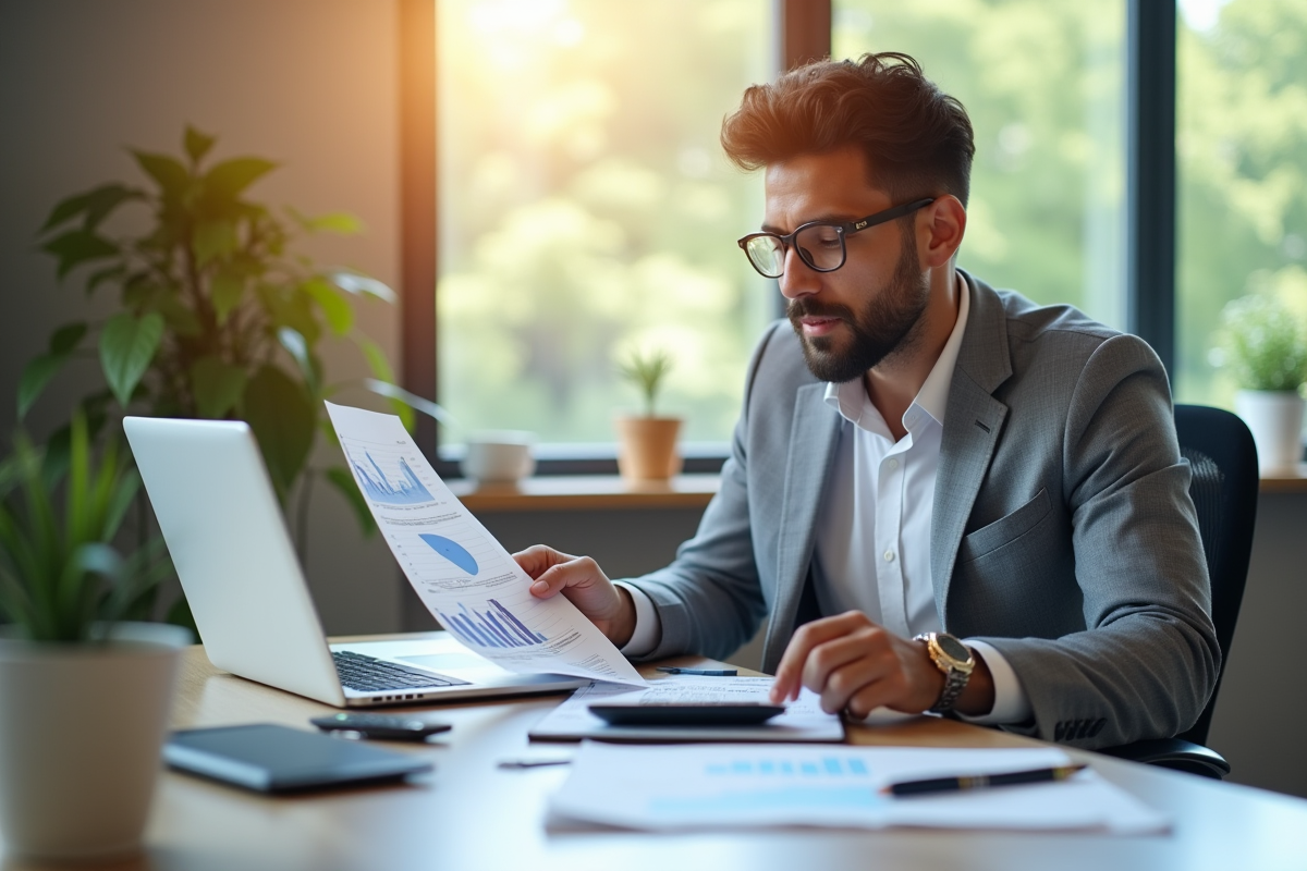 Jeune professionnel analysant des graphiques financiers dans un bureau lumineux