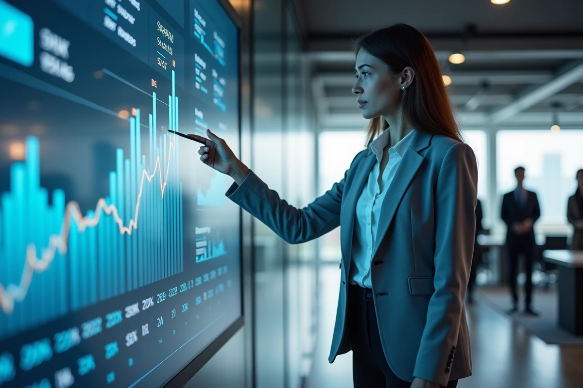 Analyste financière présentant des tendances et prévisions boursières pour 2026 sur un tableau de bord numérique en entreprise