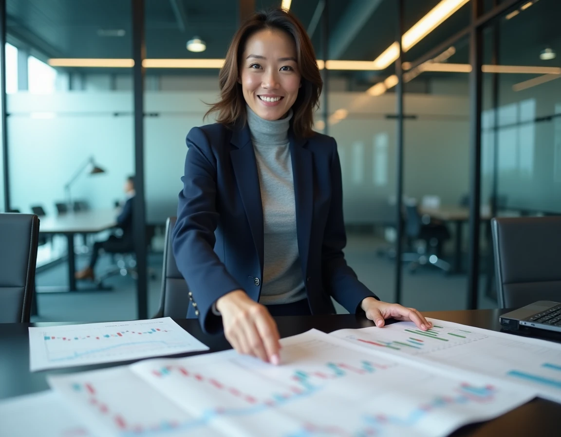 Analyste financière examinant des graphiques de gaps boursiers avant l'ouverture de la Bourse en Asie