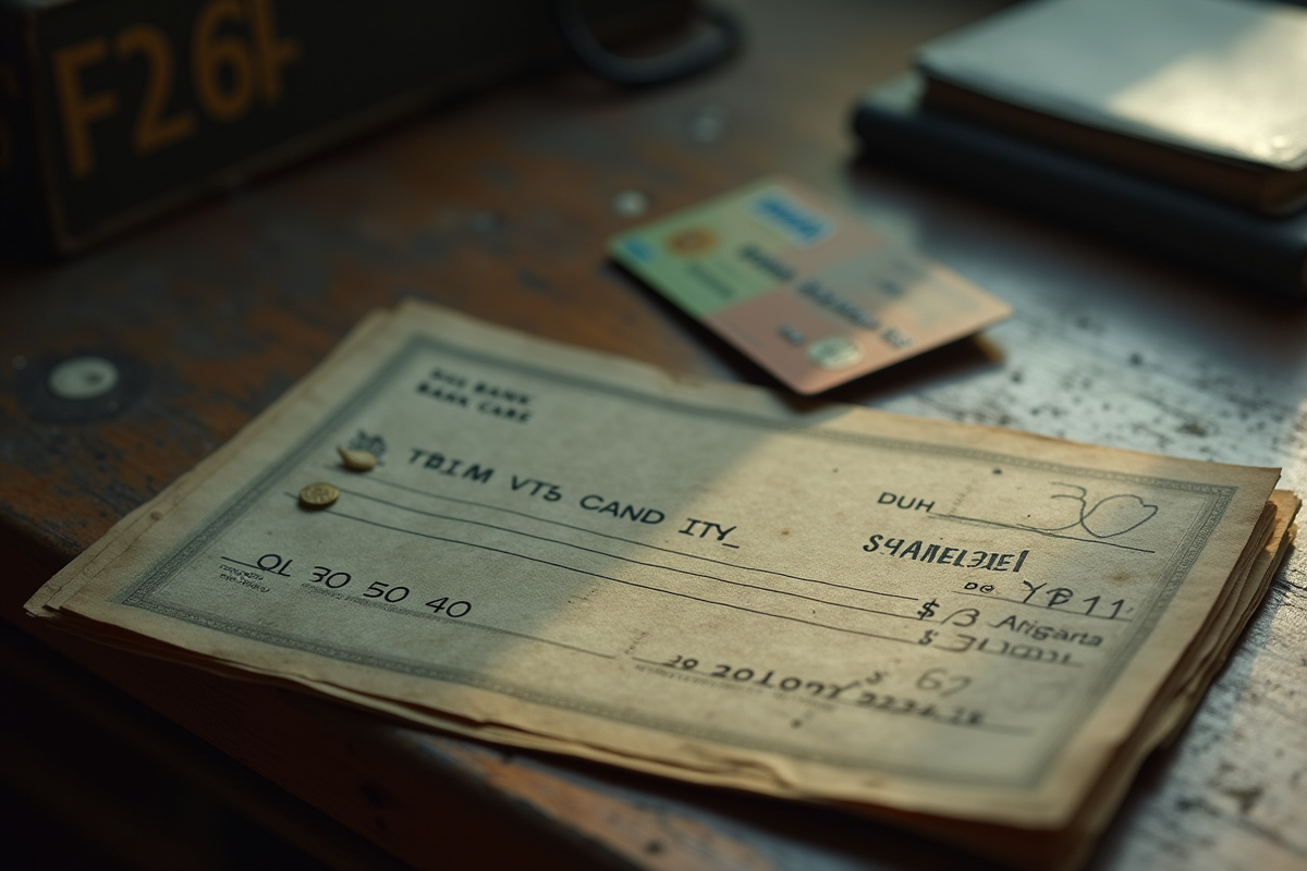 Carnet de chèques ancien et carte bancaire sur un bureau en bois