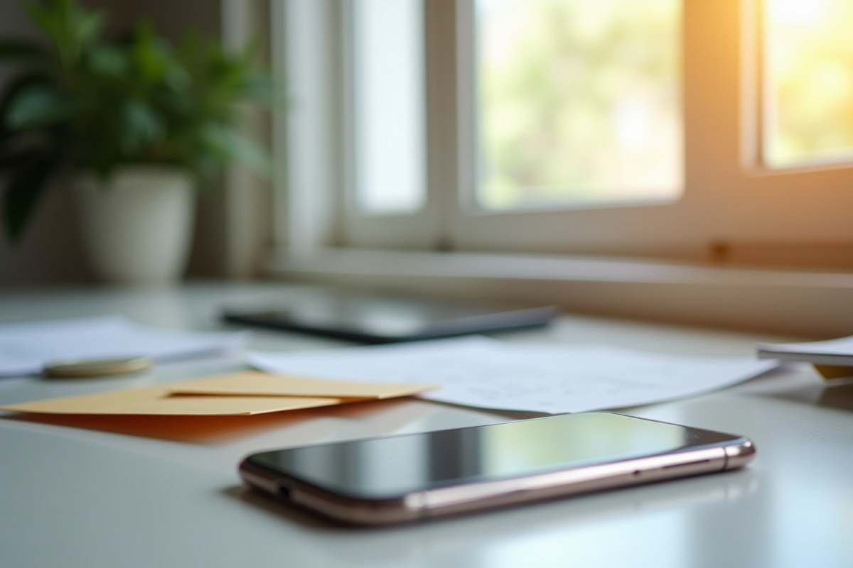 Smartphone avec application bancaire ouverte dans un espace de travail lumineux