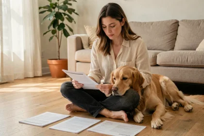 Femme comparant des formules d'assurance chien avec son golden retriever posé sur ses genoux dans un salon chaleureux