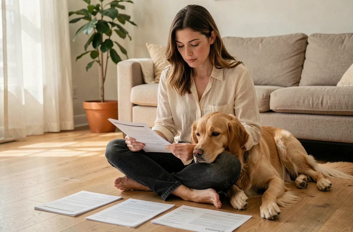 Femme comparant des formules d'assurance chien avec son golden retriever posé sur ses genoux dans un salon chaleureux
