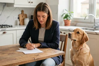 Femme signant un contrat d'assurance chien à la maison avec son golden retriever à ses côtés