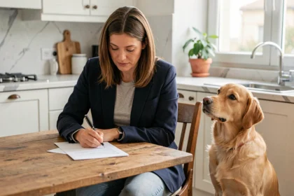 Femme signant un contrat d'assurance chien à la maison avec son golden retriever à ses côtés