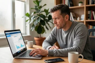 Homme stressé attendant un virement FDJ sur son compte bancaire devant un ordinateur portable