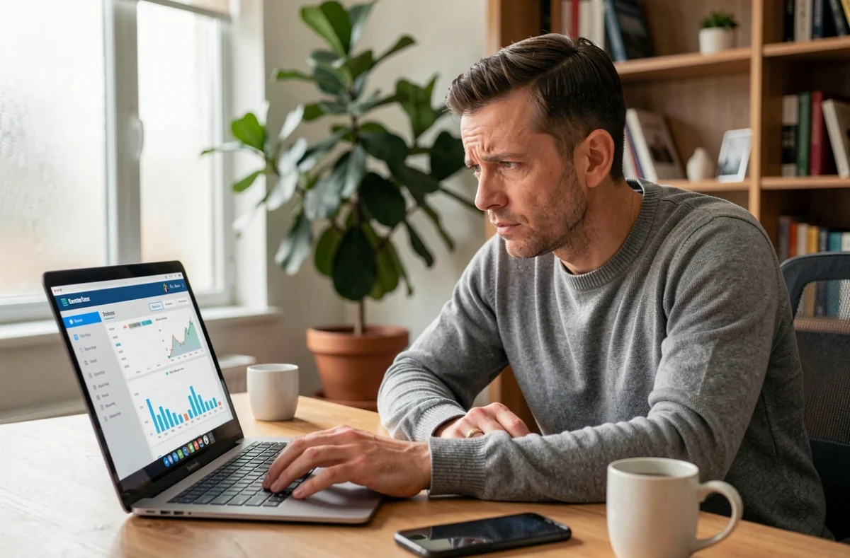 Homme stressé attendant un virement FDJ sur son compte bancaire devant un ordinateur portable