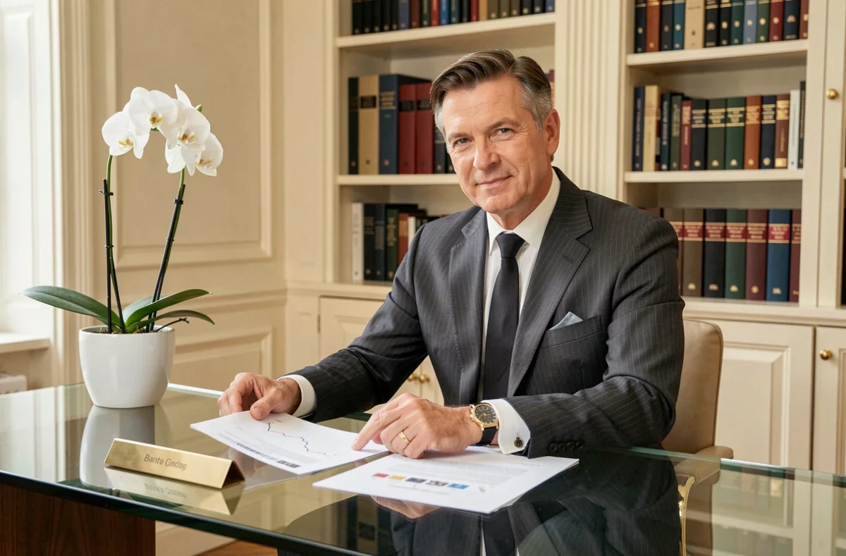 Conseiller d'Auguste Patrimoine en costume rayé assis à un bureau en verre avec des rapports de portefeuille financier dans un bureau parisien raffiné