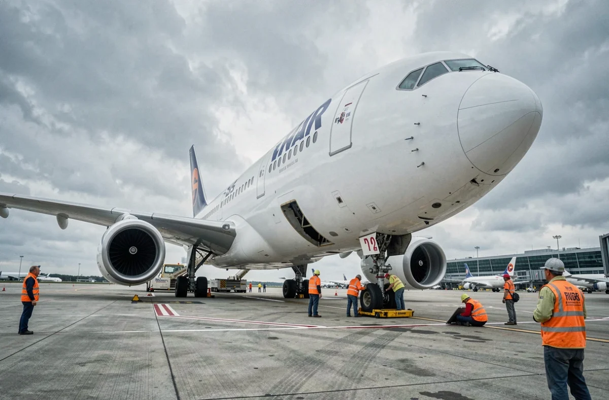 Avion Airbus A350 sur le tarmac d'un aéroport international avec équipe au sol en gilets orange