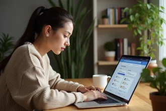 Femme consultant les avis clients sur une plateforme de cashback comme REMISEREDUCH sur son ordinateur portable à domicile