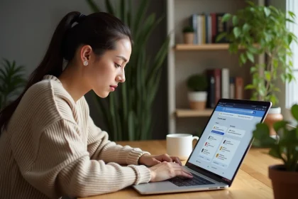 Femme consultant les avis clients sur une plateforme de cashback comme REMISEREDUCH sur son ordinateur portable à domicile