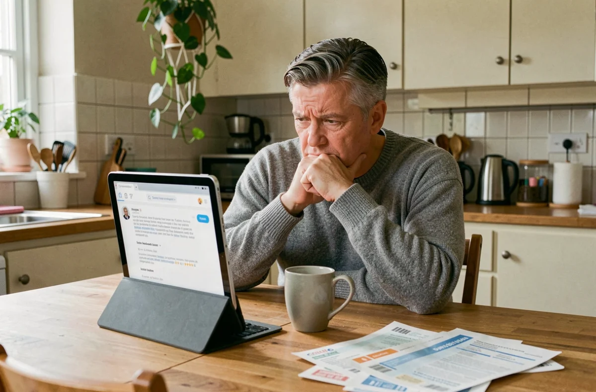Homme à domicile lisant des avis vérifiés sur OLINDA Banque avec des relevés bancaires posés sur la table