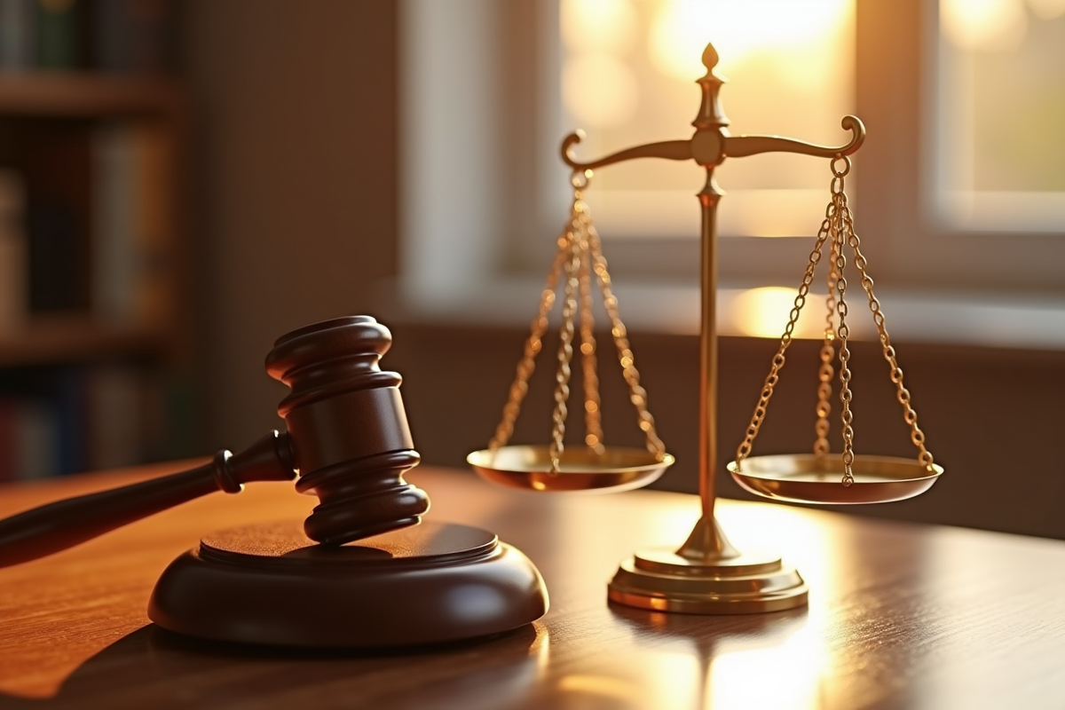 Une balance de justice en or posée sur un bureau en bois avec un marteau de juge à côté