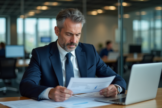Banquier en costume bleu analysant un rapport financier