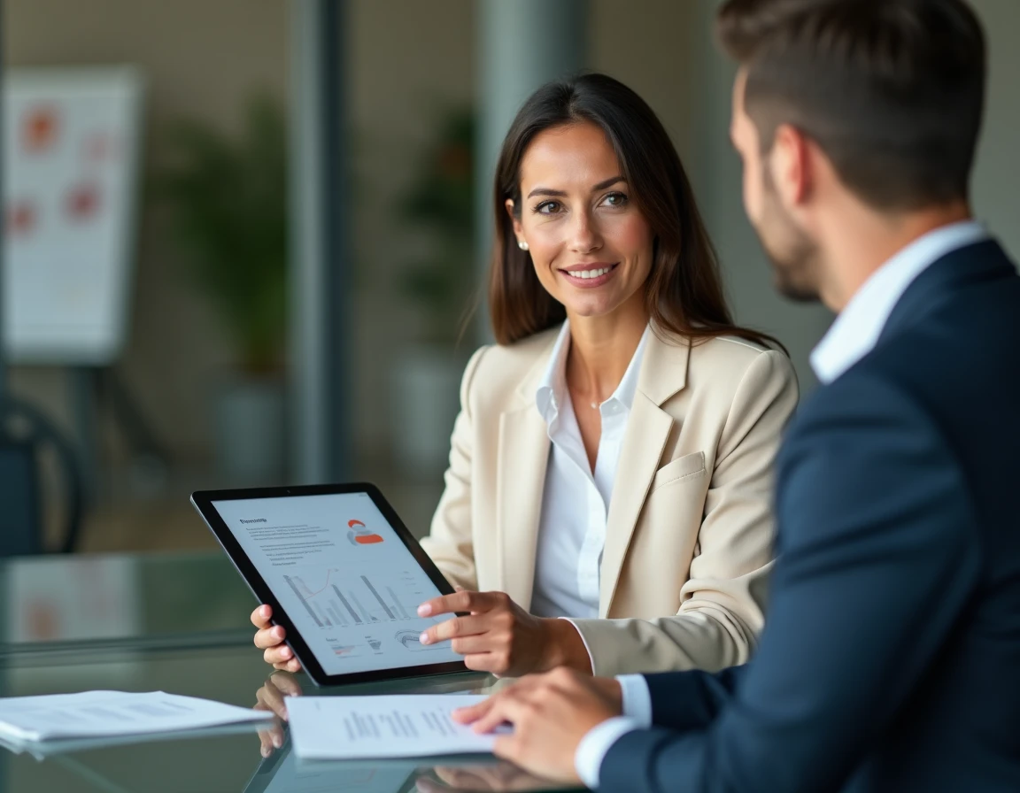 Conseillère de BÊFI Conseils à Aubière présentant un plan patrimonial sur tablette à un client