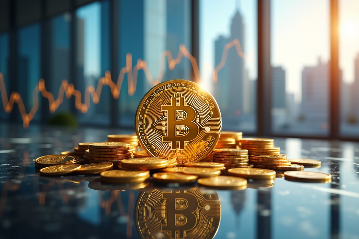 Bitcoin doré entouré de coins futuristes sur un bureau moderne