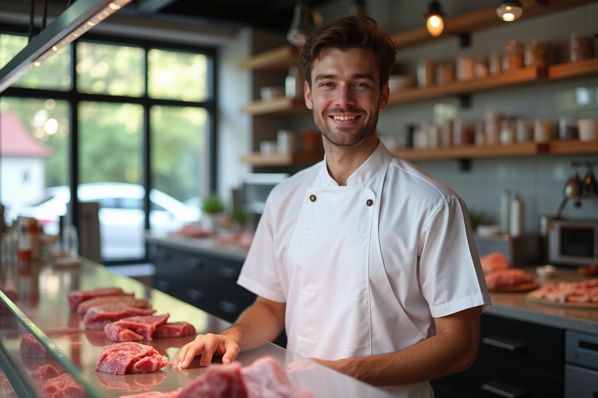 Jeune boucher souriant derrière le comptoir lumineux