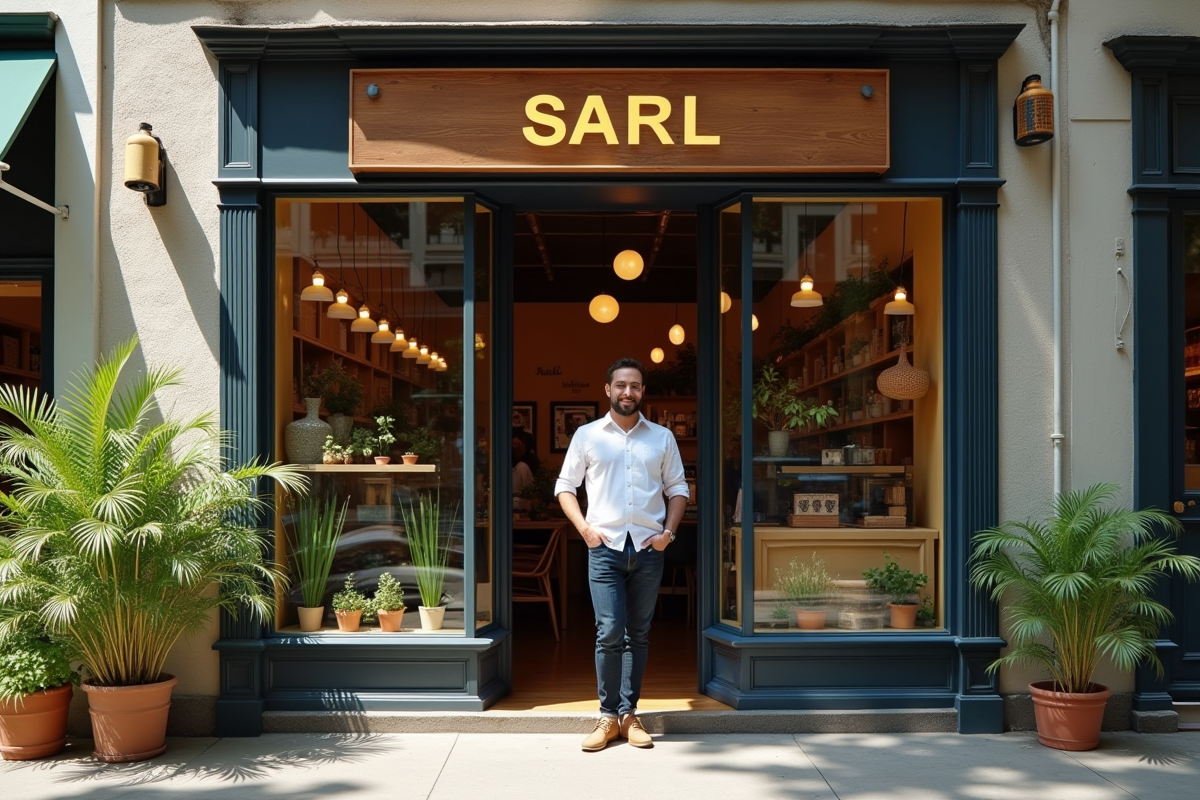 Propriétaire souriant devant sa boutique SARL en ville
