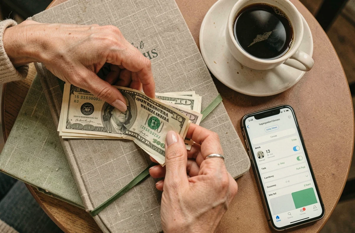 Vue de dessus d'un budget de voyage avec des billets en dollars américains, un carnet et une application de conversion de devises