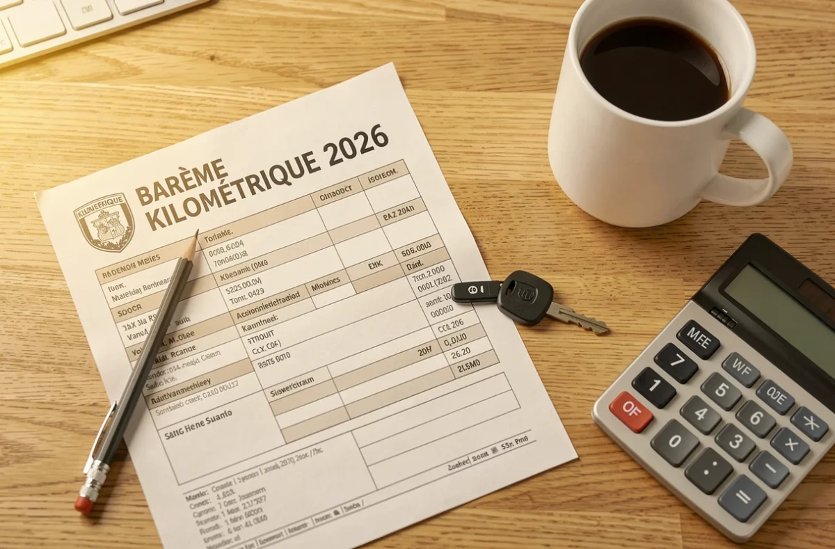 Vue de dessus d'un bureau avec formulaire de barème kilométrique 2026, calculatrice, clé de voiture et crayon pour déclaration de frais professionnels