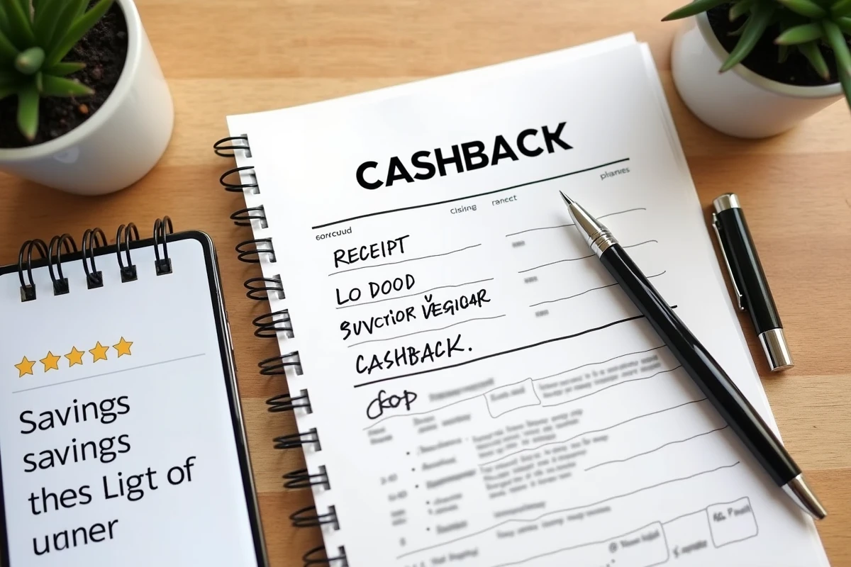 Vue de dessus d'un bureau avec reçu de cashback, notes manuscrites et smartphone affichant des avis cinq étoiles