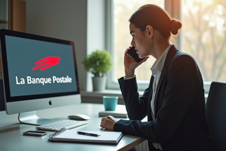 Personne en bureau moderne tenant un smartphone avec logo banque postale