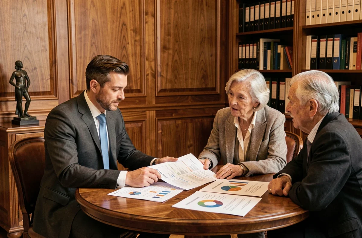 Conseiller de Calci Patrimoine en réunion de planification successorale avec un couple de clients dans un bureau aux boiseries en noyer à Paris