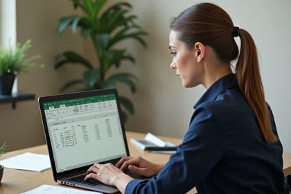 Femme travaillant sur Excel avec des formules de calcul d'heures en centièmes affichées à l'écran