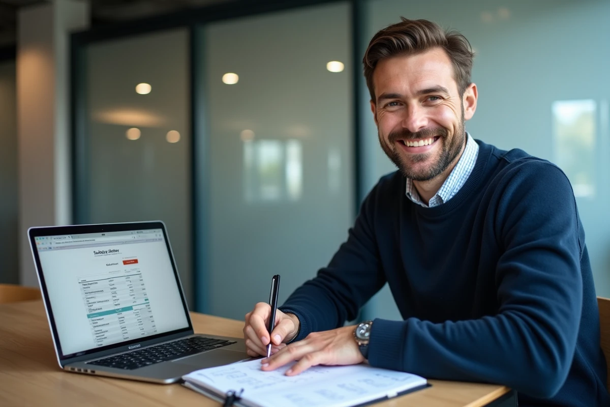 Homme en t&eacute;l&eacute;travail calculant son salaire net &agrave; partir de son brut sur ordinateur portable dans un espace de coworking moderne