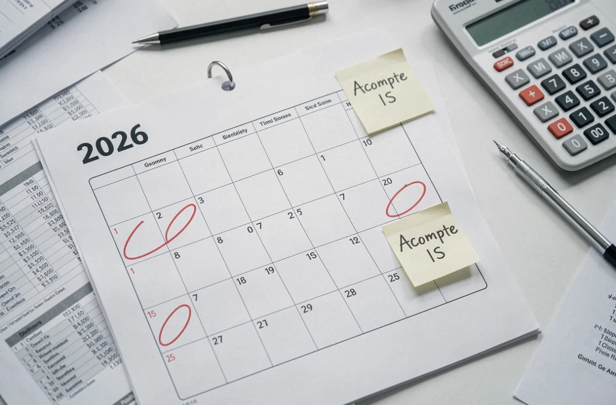 Calendrier fiscal 2026 annoté avec les dates d'acomptes IS, calculatrice et documents comptables sur un bureau