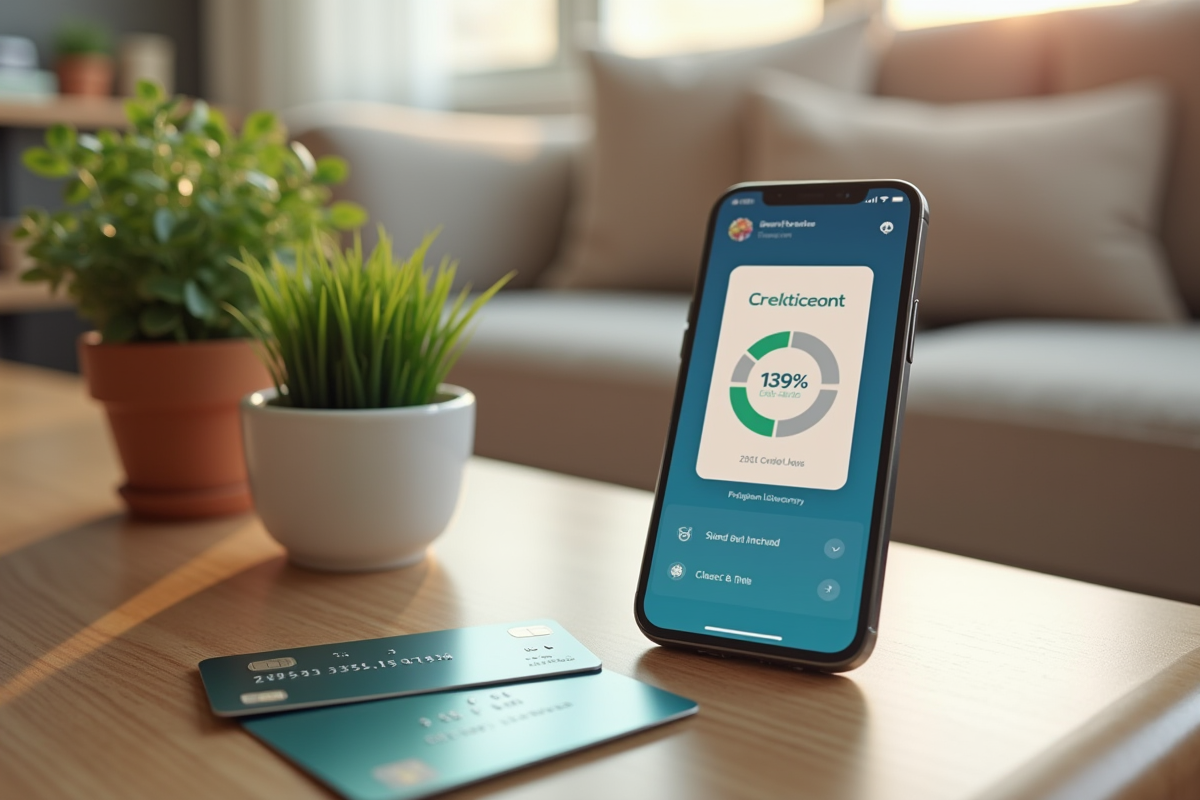 Cartes de crédit et smartphone affichant un score de crédit sur une table
