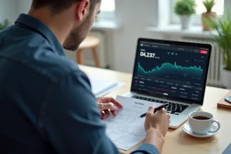 Homme remplissant le formulaire Cerfa 3916 bis pour déclaration crypto sur un bureau à domicile