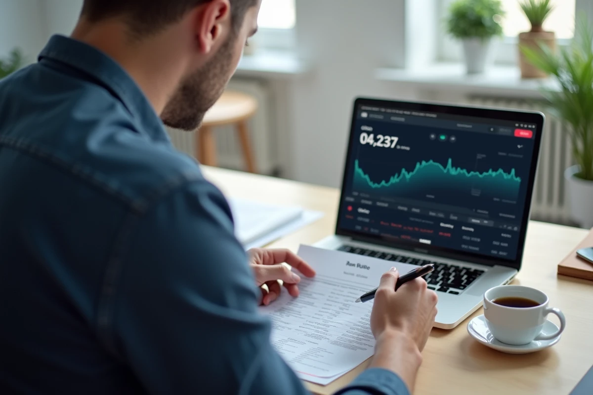 Homme remplissant le formulaire Cerfa 3916 bis pour déclaration crypto sur un bureau à domicile
