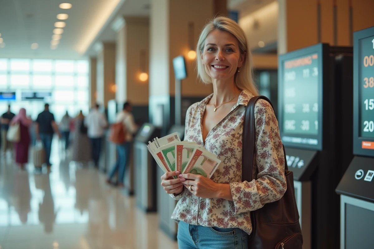 Femme échangeant des devises et récupérant des dirhams à l'aéroport international de Dubaï lors de son arrivée
