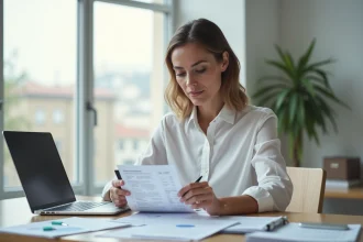 Professionnelle vérifiant une check-list de dossier d'investissement FRCI en Île-de-France dans un bureau moderne