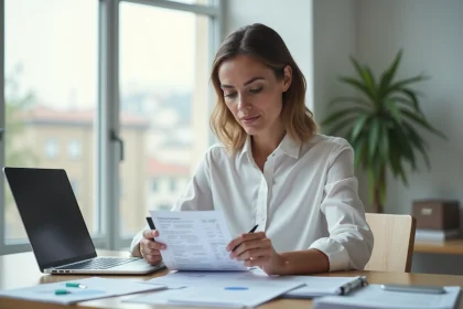 Professionnelle vérifiant une check-list de dossier d'investissement FRCI en Île-de-France dans un bureau moderne