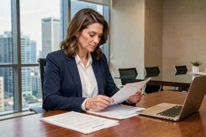 Femme chef d'entreprise examinant un contrat d'assurance responsabilité civile professionnelle dans un bureau moderne