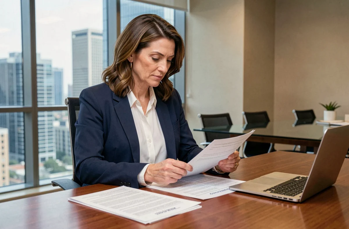 Femme chef d'entreprise examinant un contrat d'assurance responsabilité civile professionnelle dans un bureau moderne