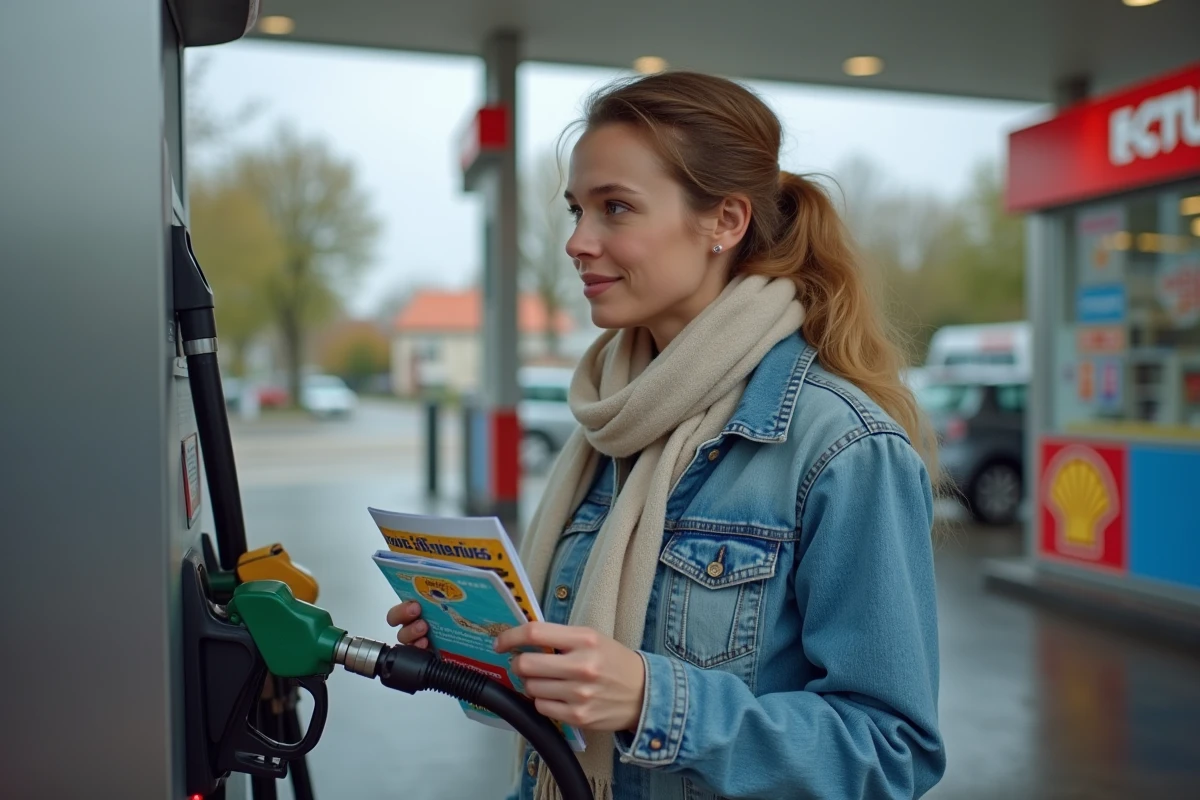 Femme utilisant des chèques vacances pour payer l'essence à une pompe de station-service moderne