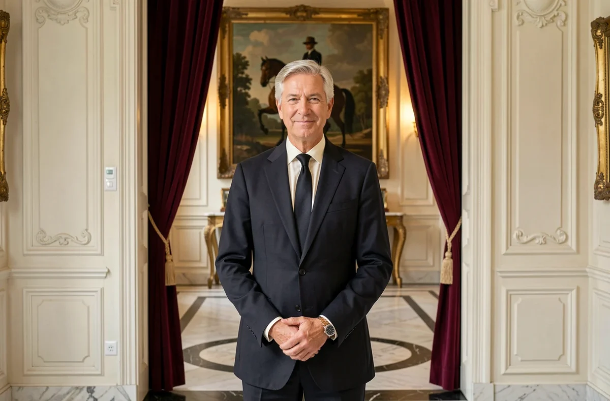 Conseiller senior de Cheval Blanc Patrimoine en blazer sombre debout dans un hall d'entrée parisien avec moulures et parquet en marbre