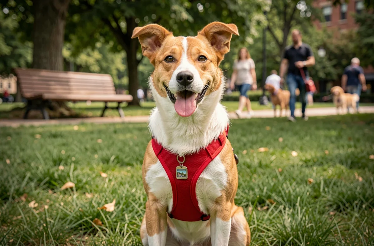 Chien métis portant un harnais rouge dans un parc urbain, représentant un animal de compagnie assuré